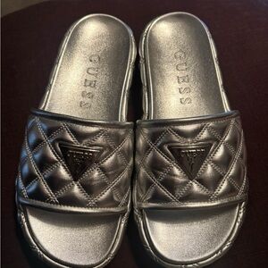 GUESS Quilted Metallic Slide Sandals - Silver
